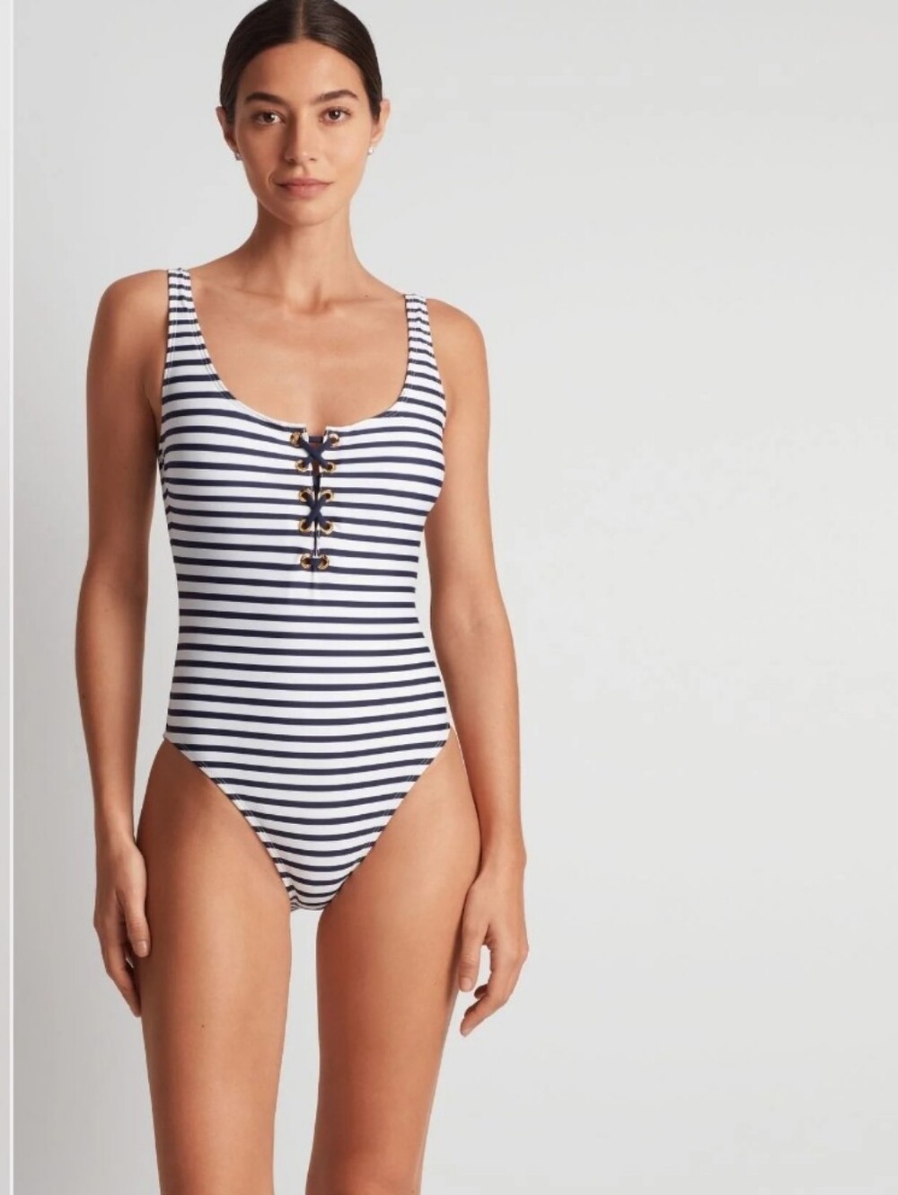 Lauren Ralph Lauren Navy/white Luxe Stripe Laced Tank One Piece Swimsuit Size 4